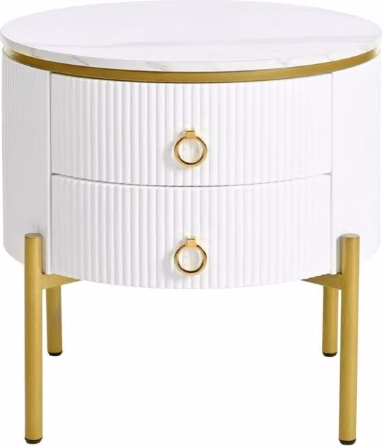 Tavolino con struttura in MDF bianco, superficie effetto marmo, gambe e maniglie dorate regolabili, 50x50x51 cm