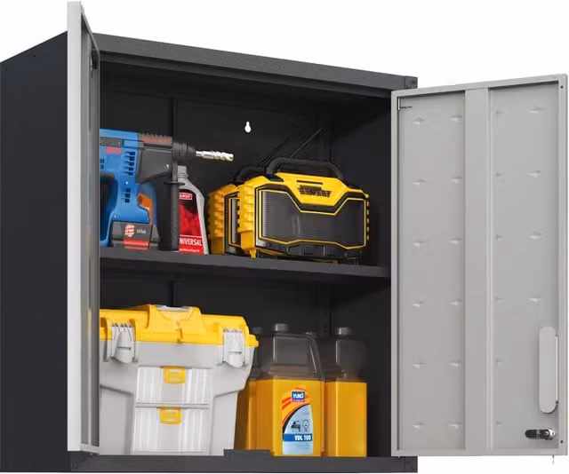 Armadio pensile con 2 ante e 1 ripiano, chiusura a chiave - per garage - 75×30×77 cm - nero grigio
