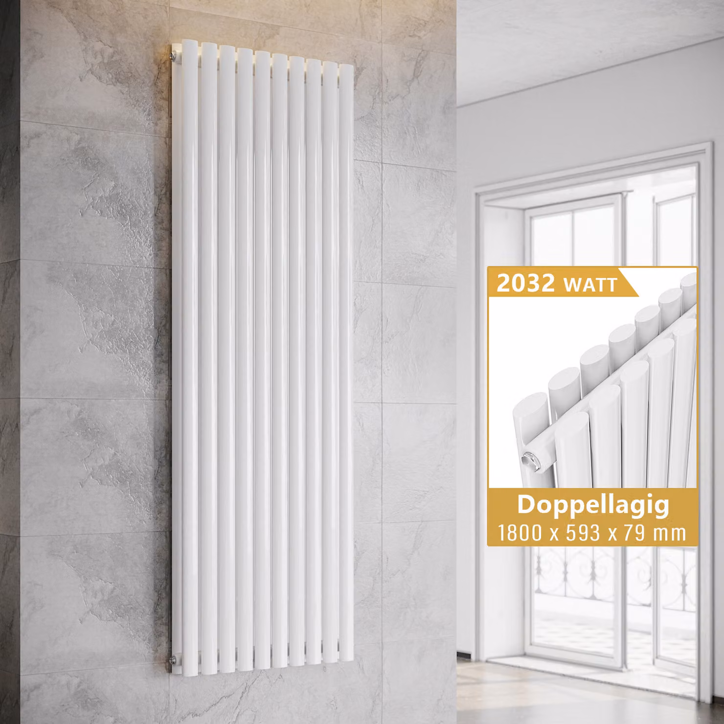 SONNI - Radiatore a piastre verticali, modello a doppia parete, colore bianco, dimensioni 1800x593 mm, senza resistenza riscaldante