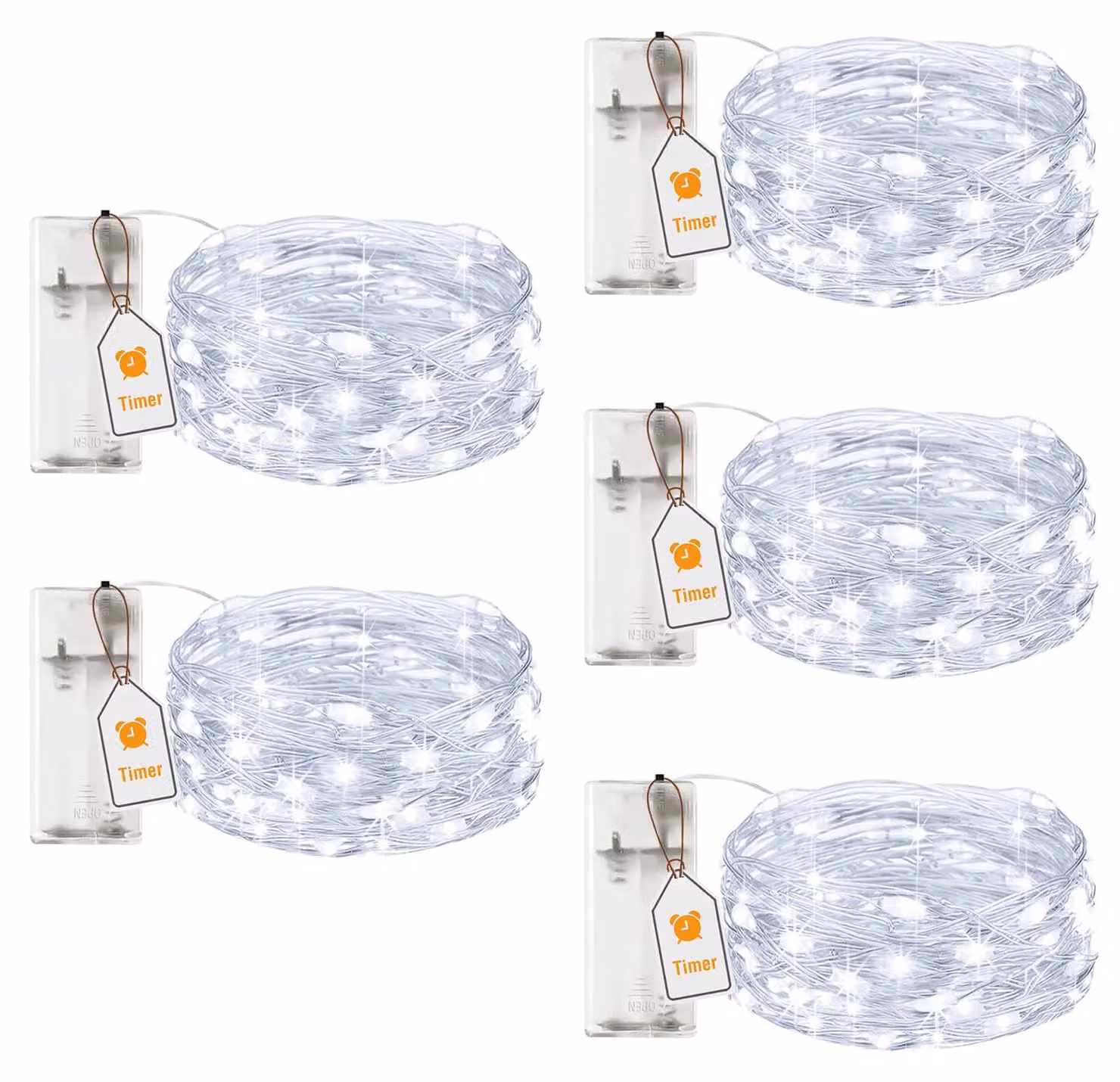 Catena luminosa a LED, 2 metri, 20 LED, con timer, luce bianca fredda, confezione da 5 pezzi