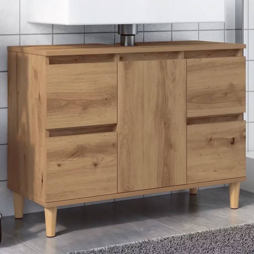 Mobile Lavabo Design In in Legno Multistrato Rovere Marrone con Ante e Cassetti, L: 80 cm, P: 33 cm, H: 60 cm – 2