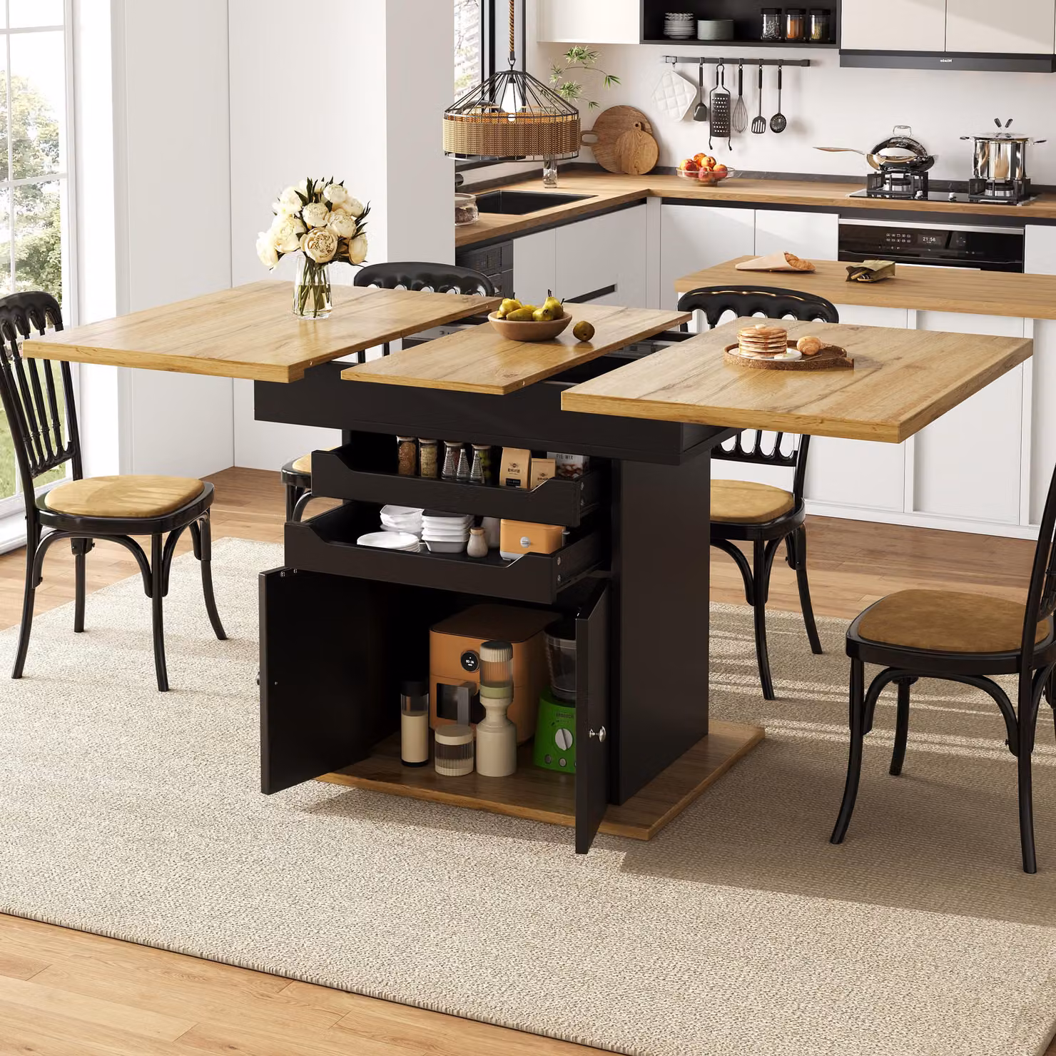 MODFU Tavolo telescopico allungabile salvaspazio da cucina con ante e cassetti con chiusura ammortizzata, mobile bar con due cassetti, nero