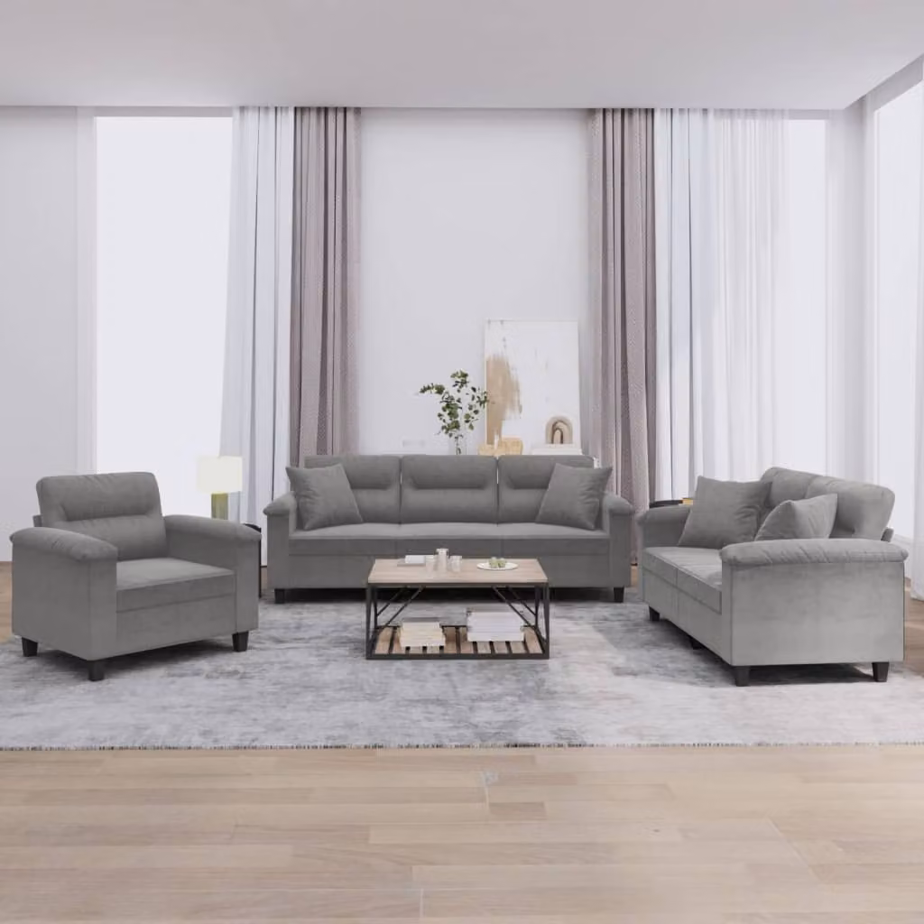 Set di divani vidaXL in microfibra grigia con cuscini per soggiorno, composto da un divano a 3 posti e un divano a 2 posti con design moderno e braccioli