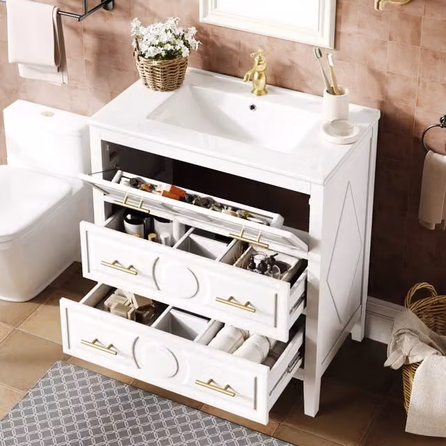 Mobile lavabo bagno bianco 81x46,5 cm con lavandino in ceramica, 3 cassetti soft-close, stile retrò, maniglie in metallo, mobile da terra