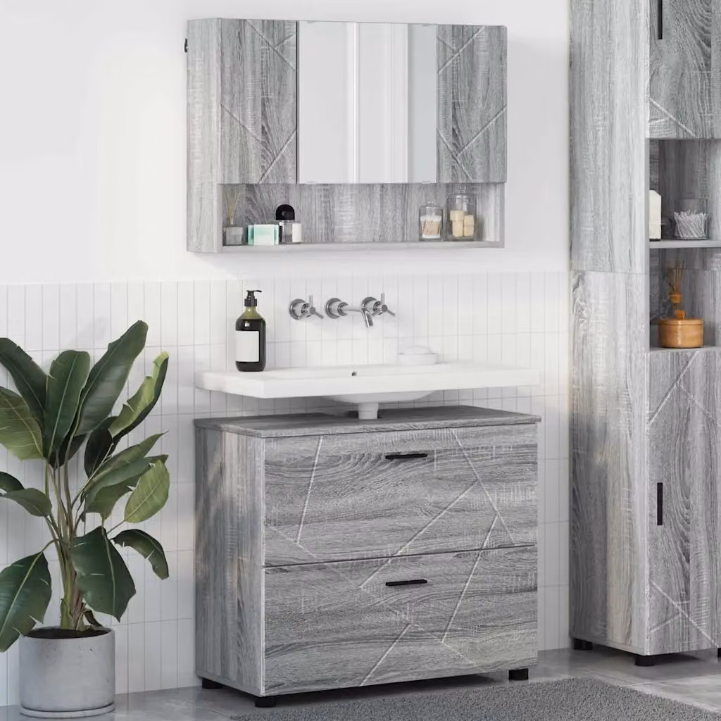 Set di mobili per il bagno moderno vidaXL composto da mobile lavabo e armadietto con specchio, Grigio e Nero, L/P/H: 76,5 x 35 x 64 cm – 1