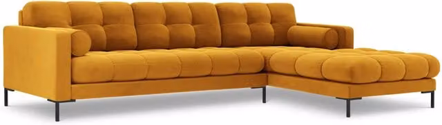 Divano angolare destro Bali di Cosmopolitan Design in velluto giallo a 5 posti con cuscini coordinati L: 293 cm, P: 105 cm, H: 75 cm – 1