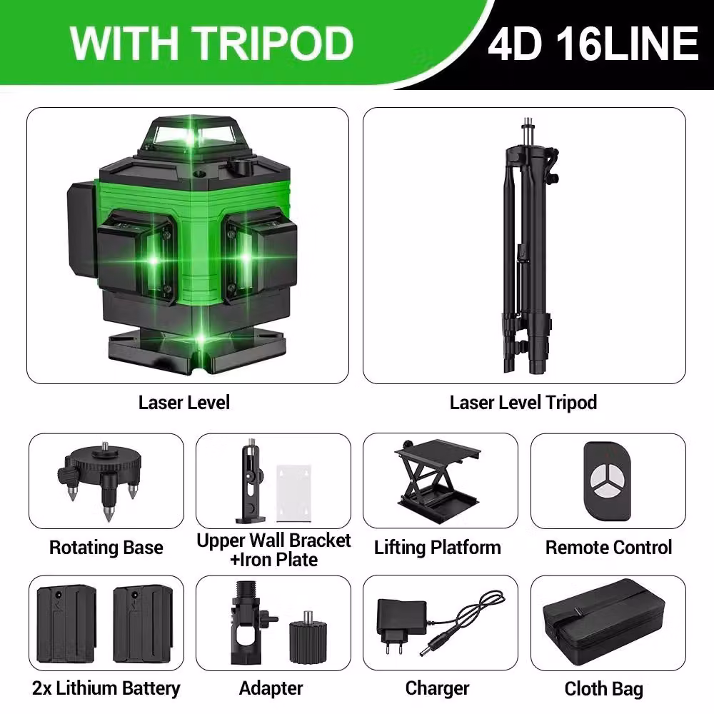 Livella laser - 16 linee 3D/4D - Autolivellamento di 3° - Ricaricabile tramite USB - Orizzontale e verticale - Include treppiede e custodia in tessuto