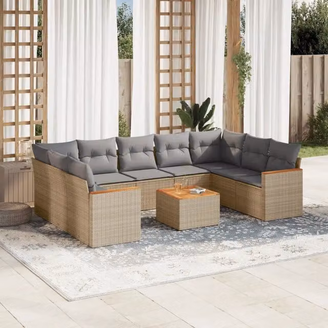 Set Divano da Giardino 10 pz con Cuscini Beige Misto Polyrattan 3226283