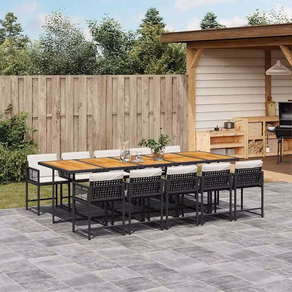 Set da pranzo da giardino vidaXL in polyrattan e legno di acacia nero con 11 pezzi e cuscini