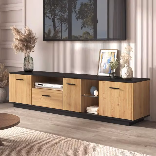 Mobile TV REDOM moderno in MDF nero effetto legno con illuminazione LED integrata, 3 ante e 1 cassetto, L: 180 cm, P: 37 cm, H: 45 cm