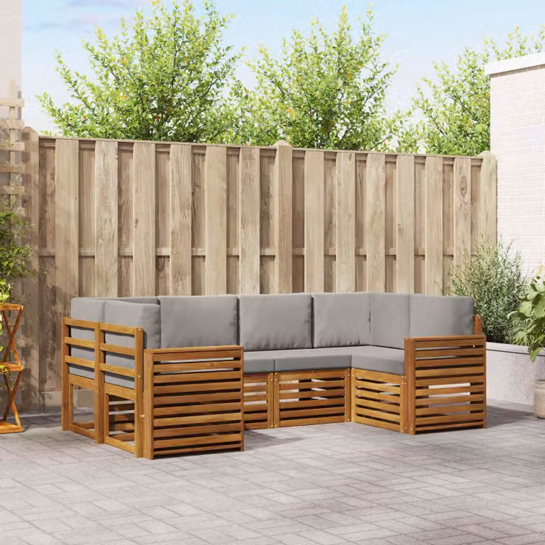 vidaXL Set di divani da esterno a L 6 pz in legno di acacia con cuscini Grigio e Marrone