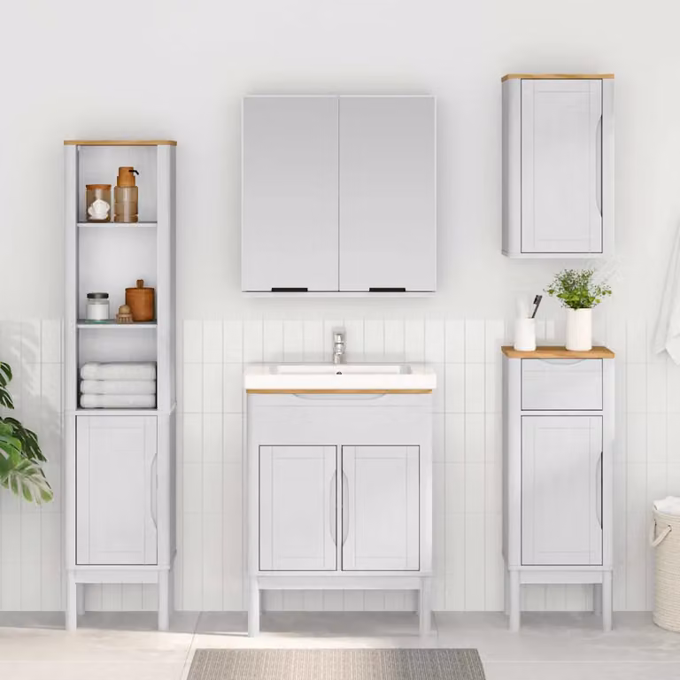 Mobile da bagno vidaXL FLORO in legno di pino bianco con cassetti e ante, L 35 cm x P 30 cm x H 90 cm