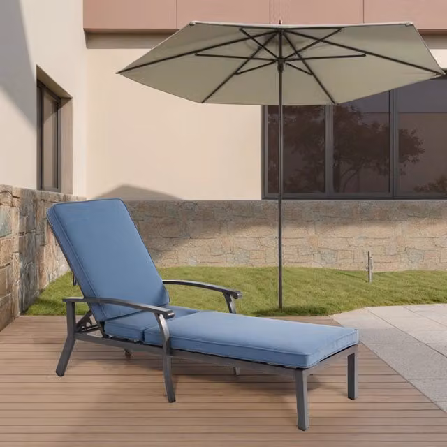 Sedia a sdraio da giardino con cuscino in cotone, regolabile, reclinabile, in alluminio antiruggine, per bordo piscina, con cuscino blu impermeabile