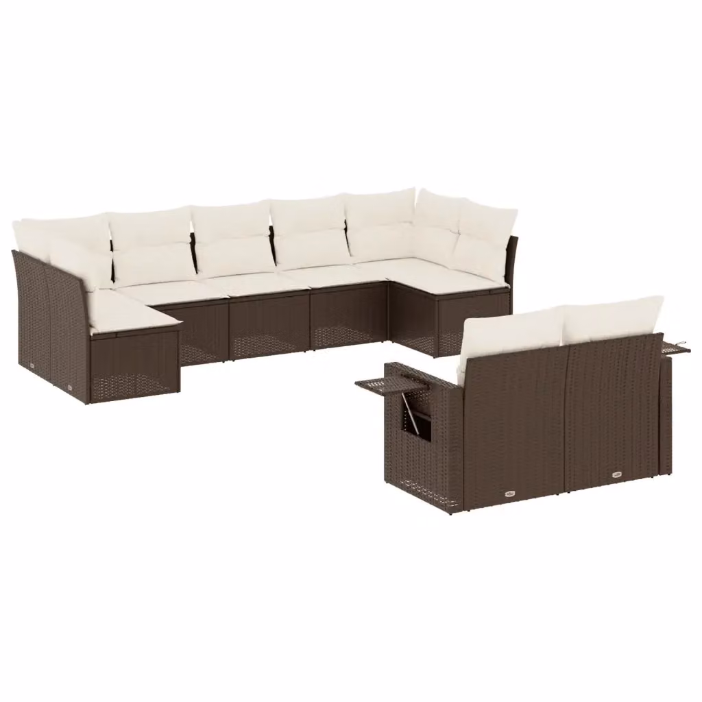 vidaXL Set Divani da Giardino 9pz a Forma a U in Polyrattan Marrone con Cuscini e Tavolino da Esterno – 2