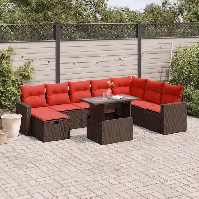 Set Divani da Giardino 9 pz con Cuscini Marrone in Polyrattan 3274874
