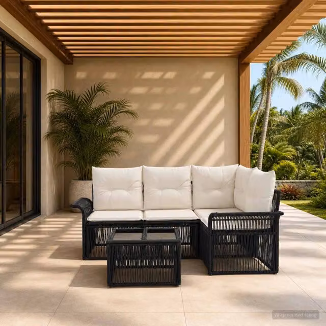 Set da giardino moderno vidaXL composto da 5 pezzi in rattan nero con struttura in acciaio e cuscini inclusi