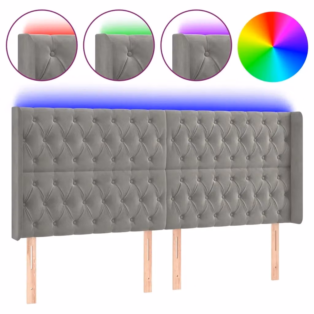 Testiera con LED Design Mania in Velluto Grigio Chiaro con Porte USB, L: 203 cm, P: 16 cm, H: 118/128 cm – 2