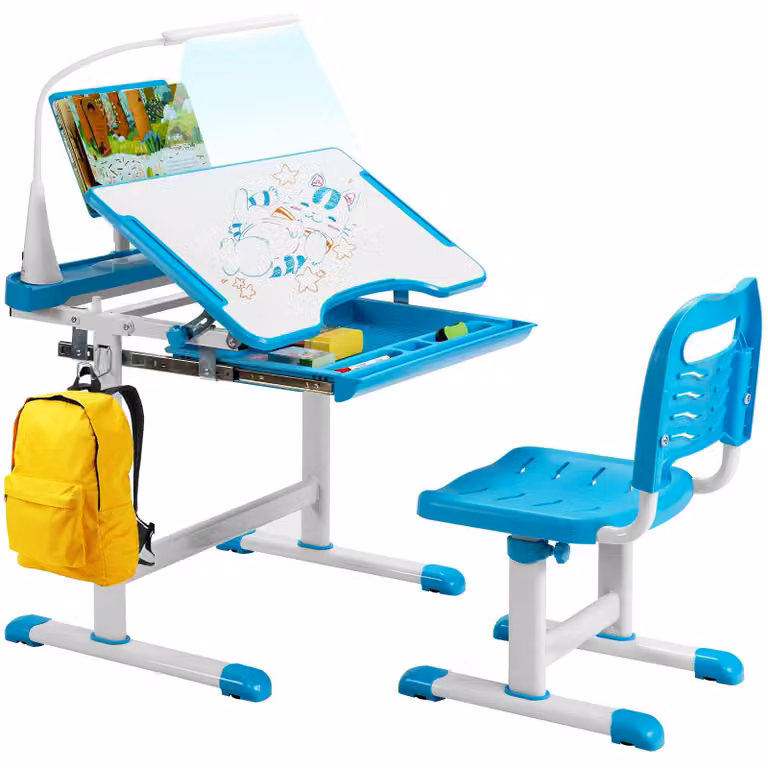 Set da scrivania per bambini con luce LED, regolabile in altezza, composto da scrivania e sedia, colore blu