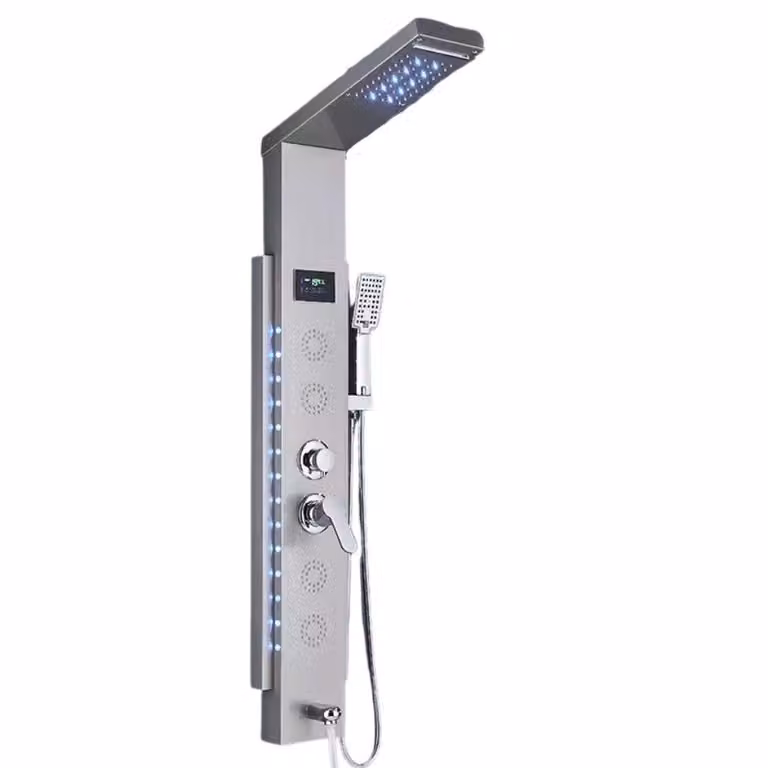 Pannello doccia multifunzionale con display LED, acciaio inox, montaggio a parete, Nickel-F-8003
