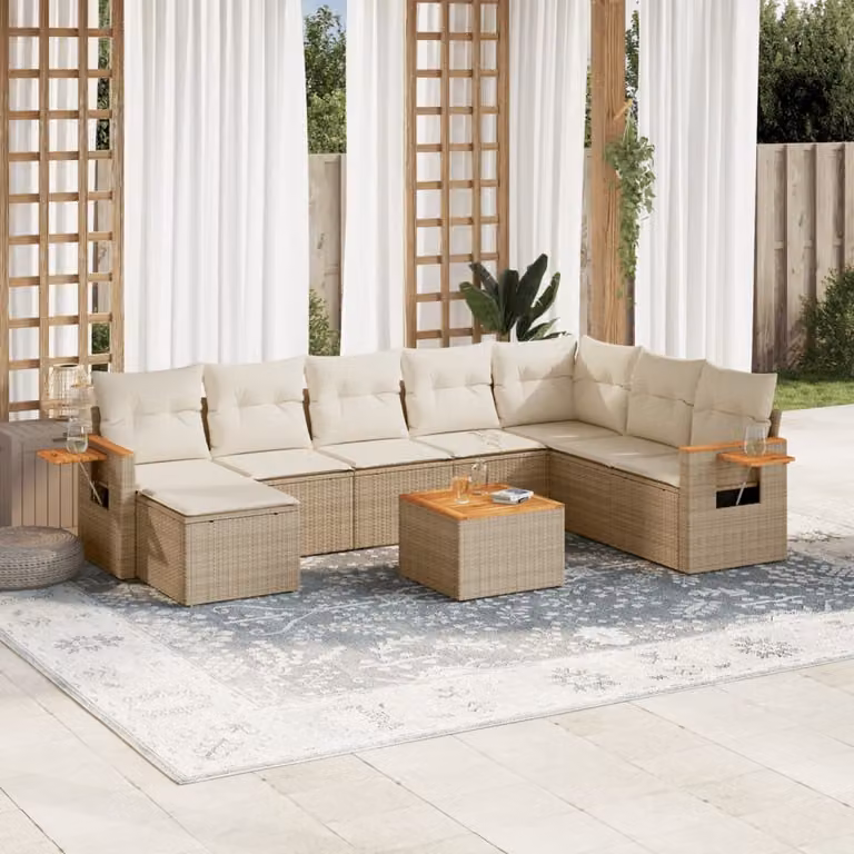 vidaXL Set Divano da Giardino a L 9 pz in Polyrattan con Cuscini Beige e Tavolino da Esterno