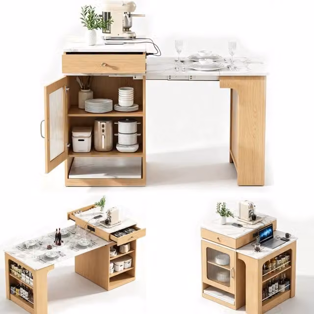 Isola da Cucina con Ruote 80x151x92 cm; Tavolo Estensibile con Prese Elettriche; Mobile Multiuso Effetto Legno Naturale