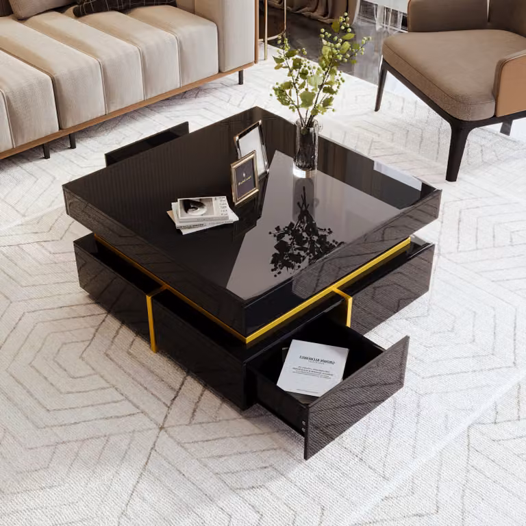 Abrihome tavolino con 4 cassetti e accenti dorati, tavolo da salotto lucido tavolino 70x70x35,5 cm, nero