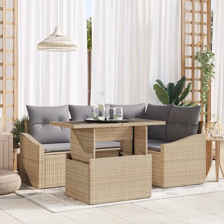 vidaXL Set Divano da Giardino a L in Polyrattan 5 Pezzi Beige e Grigio con Tavolino e Cuscini