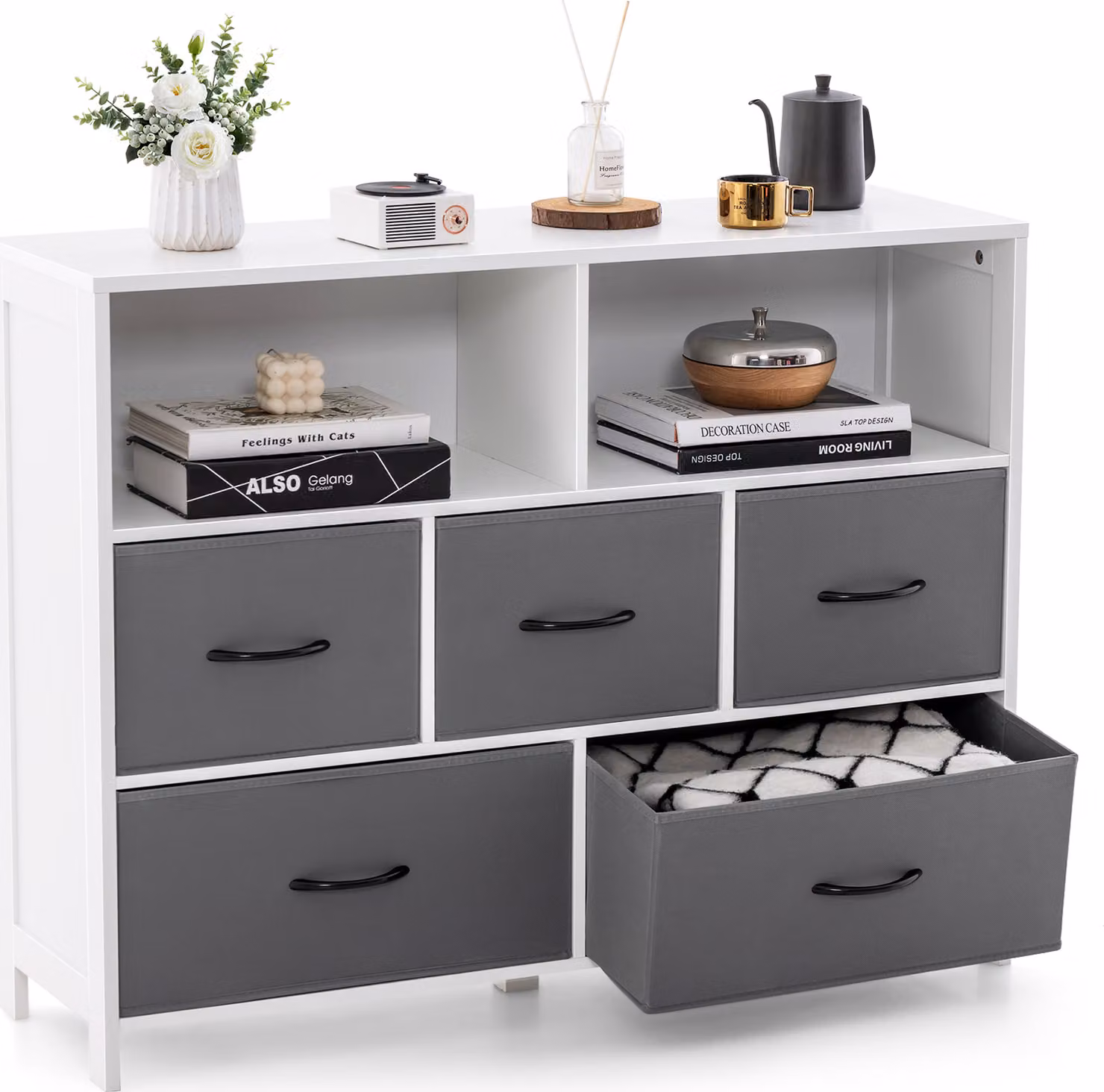 Cassettiera COSTWAY con 5 cassetti, mobile contenitore con ripiani aperti e cassetti in tessuto ripiegabili, credenza in legno per soggiorno, camera da letto e corridoio