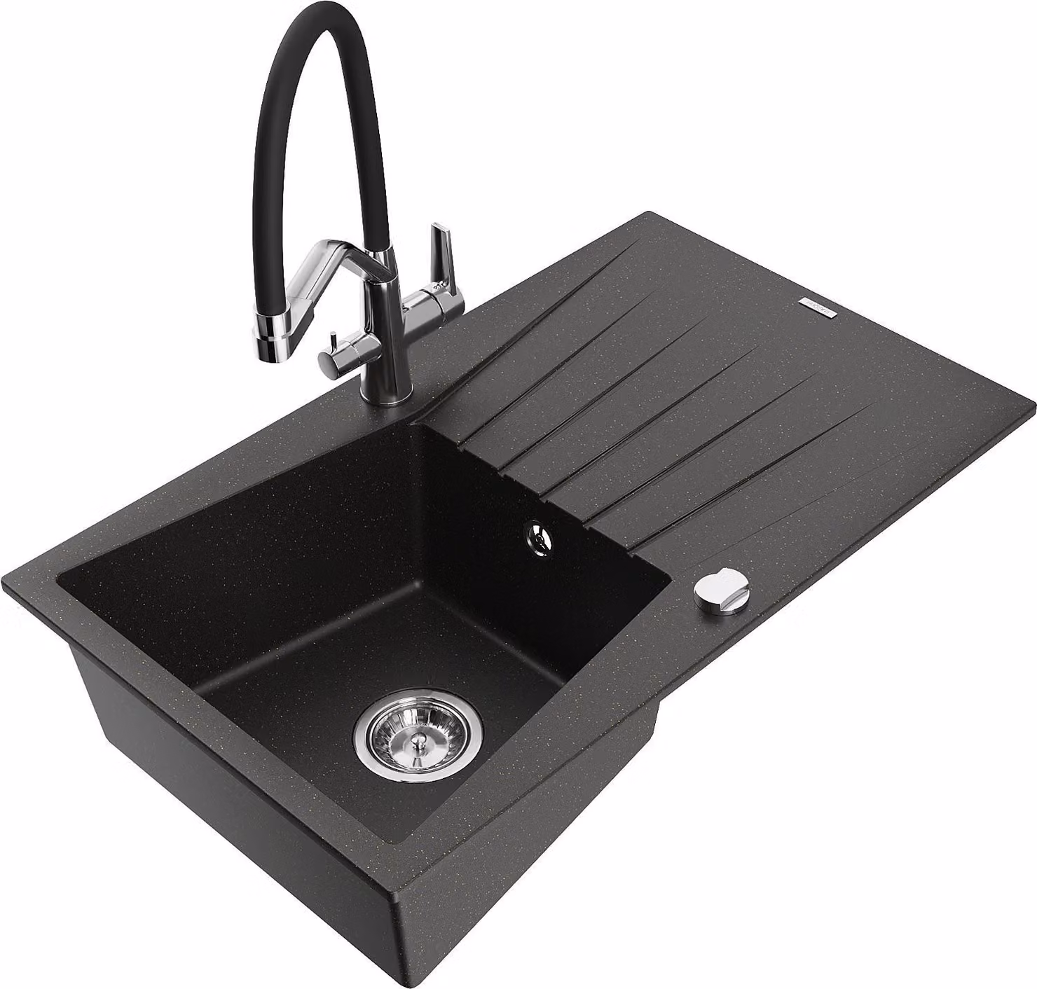 Mexen Cesar lavello in granito a 1 vasca con sgocciolatoio e miscelatore Duo, nero/oro metallizzato - 6514-75-671701-07