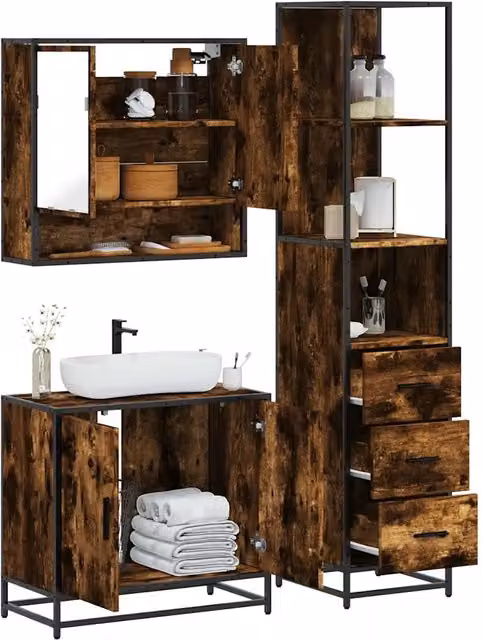 Set Mobili da Bagno 3 pz Rovere Fumo in Legno Multistrato 3301157
