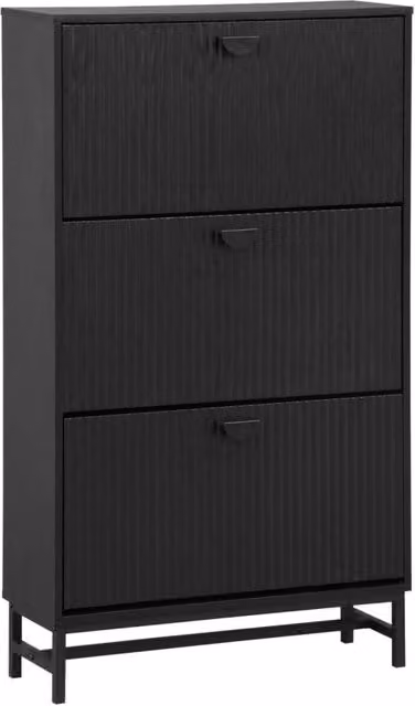 Scarpiera moderna Sweeek con 3 ante e decoro a righe, nero opaco, L: 75 cm, P: 25 cm, H: 131 cm – 1