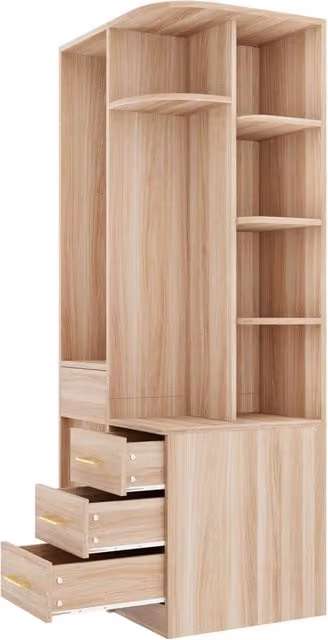 Armadio moderno in MDF per camera da letto o ufficio con ante, ripiani aperti, cassetti interni e appendiabiti, colore marrone e beige, L: 70 cm, P: 55 cm, H: 175 cm