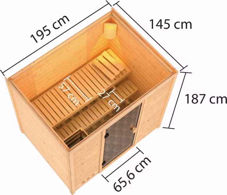 Sauna Woodfeeling Selena (ingresso frontale), porta tutto vetro, bronzata, senza accessori