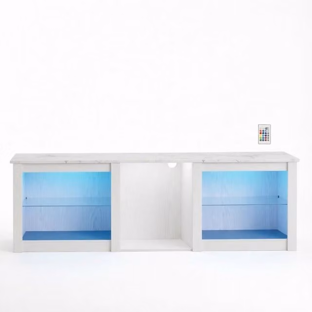 Mobile TV bianco con LED RGB, 160 cm, per TV fino a 70 pollici con ripiani in vetro regolabili