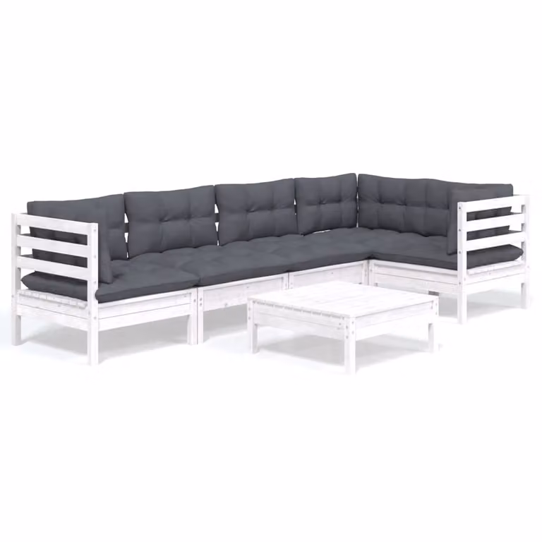 Set Divani da Giardino 6 pz con Cuscini Bianchi Legno di Pino