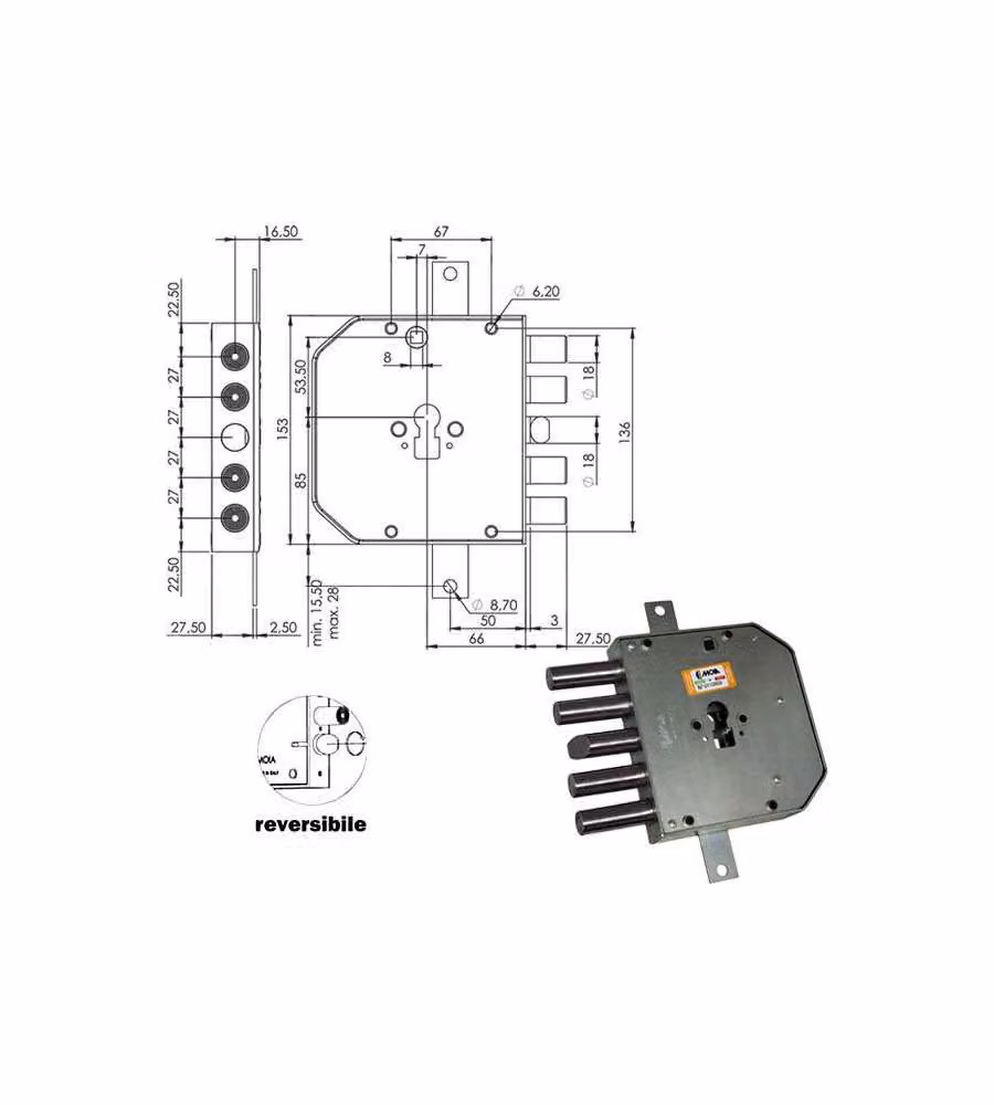 Serratura Sicura Triplice Sx Cilindro E63 Res654+43/270 Moia