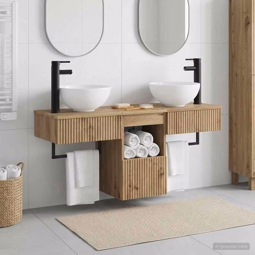 Set di mobili da bagno moderno vidaXL in 3 pezzi color rovere, composto da mobile lavabo e pensili con ante a battente e ripiani interni, montaggio a parete