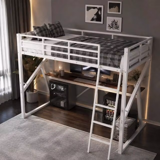 Letto a soppalco Mivray bianco con scrivania, scala con LED multicolore e struttura in metallo e MDF, dimensioni 90 x 200 cm – 1