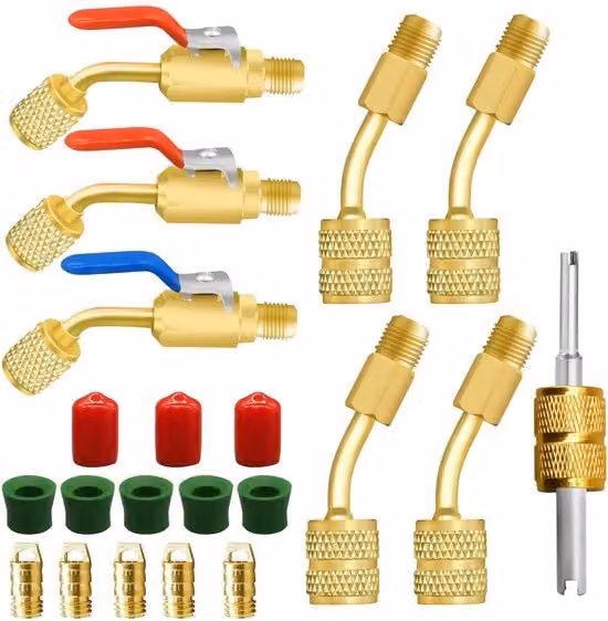 Adattatore a 21 vie in ottone con maniglione a sfera per refrigeranti R410A R134A R12 R22 colore oro