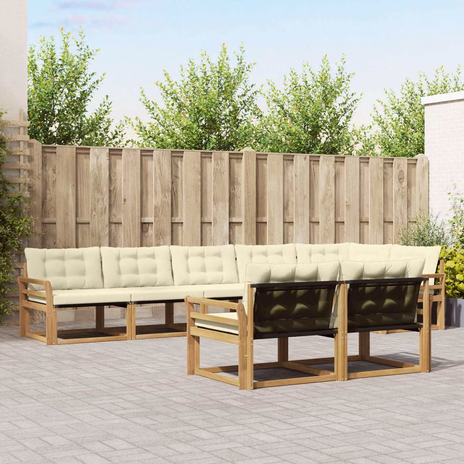 Set di divani da esterno vidaXL a forma di L con struttura in legno di acacia e cuscini in tessuto, 8 pezzi, Bianco e Beige