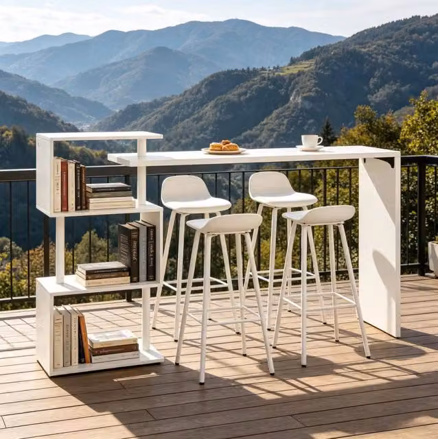 Tavolo Bar Multifunzionale DESMIU con Mensole Grandi, Bianco, 97,5x38 cm, Altezza 100 cm