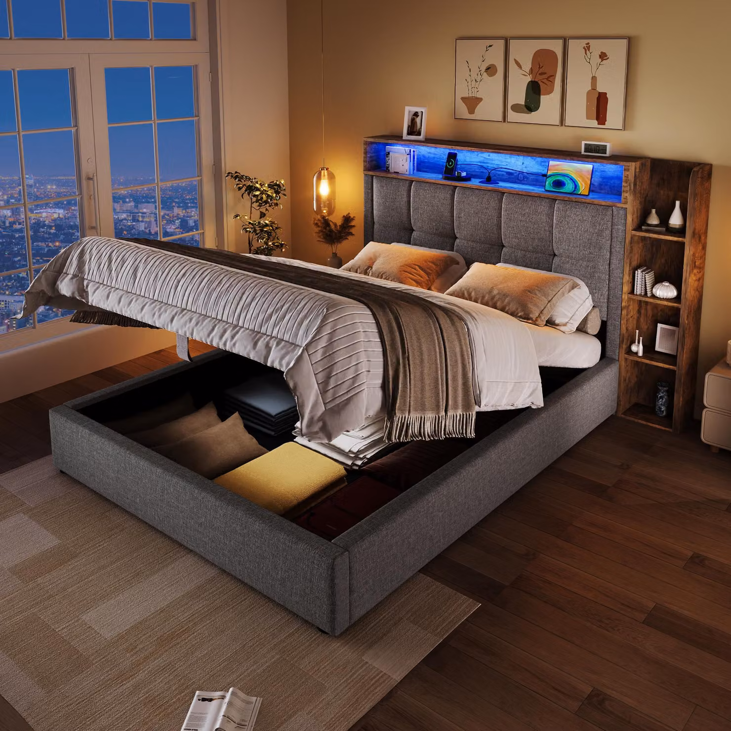 Letto imbottito 90x200 cm con USB e porta Type-C, luci LED controllabili tramite pulsante o app, spazio contenitore ad apertura idraulica e contenitori laterali e nella testiera, rivestito in lino, colore grigio