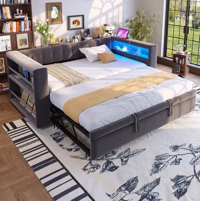 Divano letto multifunzione 90/180 x 190 cm con LED; prese e contenitore; grigio scuro