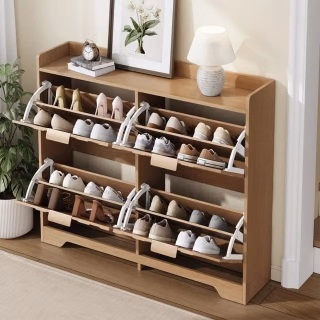 Scarpiera moderna Mivray con 4 scomparti a ribalta in MDF beige e marrone per ingresso L/P/H: 105 x 24 x 90 cm