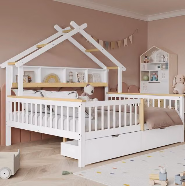 Letto per bambini bianco e legno naturale 140x200 cm con protezioni e due cassetti su ruote