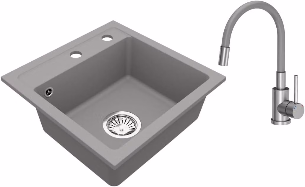 VBChome Lavello in granito 44 x 44 cm Grigio con rubinetteria flessibile Vasca singola Lavello da incasso Maculato Lavello di facile manutenzione con sifone
