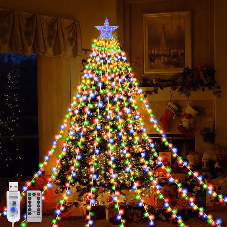 Catena luminosa a LED con 198 luci, punta a forma di stella, 9 fili, 1,95 metri di lunghezza, alimentazione USB, 8 modalità