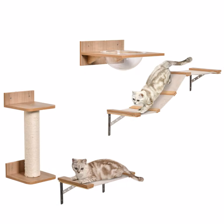 Set parete di arrampicata per gatti AIORBER con tiragraffi, scala per gatti e amache, robusto sistema di arrampicata e gioco per gatti attivi, marrone chiaro
