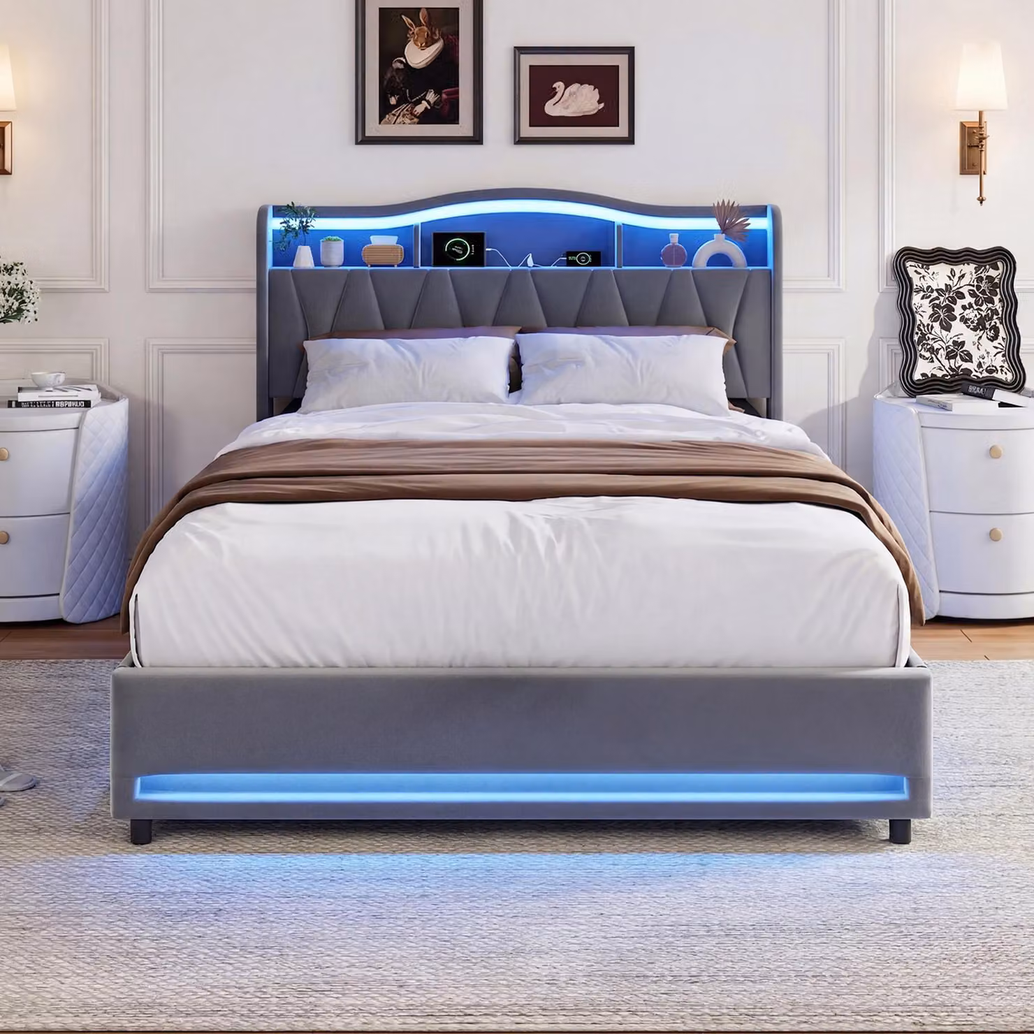 Letto imbottito ProximaX, 160x200 cm, grigio, in velluto, con spazio contenitore, 4 cassetti, illuminazione LED RGB e porta USB