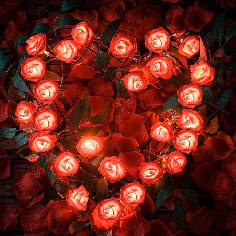Catena luminosa a LED con forma di rose, 20 fiori, alimentata a batteria. Ghirlanda romantica a forma di rose, ideale per San Valentino, matrimoni, feste e decorazioni, colore rosso